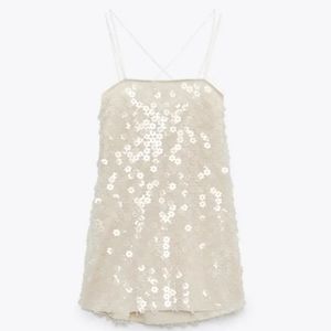 Zara Floral Sequin Mini Dress Size Medium in Cream